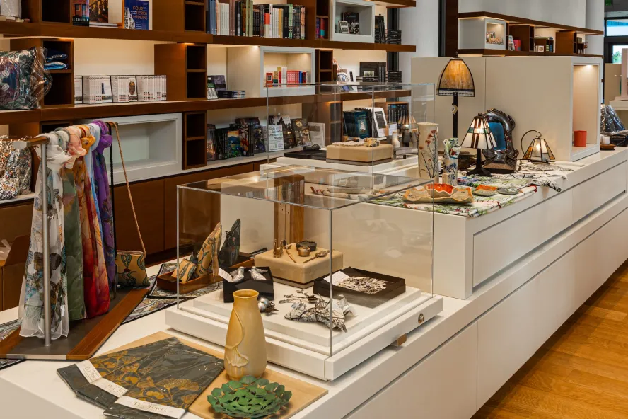 Jewelry, scarves and other items on display at the museum gift shop