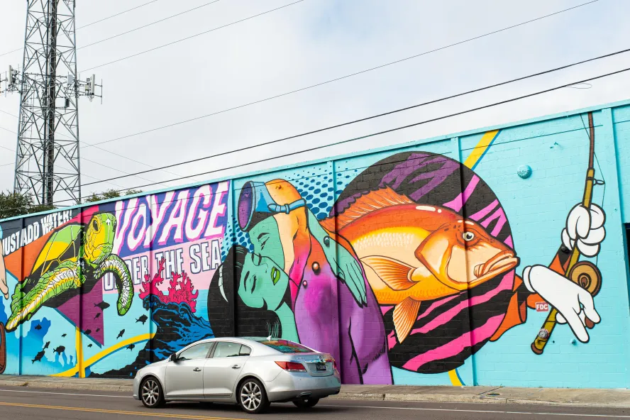 "Bait & Switch" mural by the Vitale Bros., Warehouse Arts District
