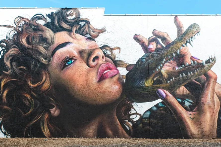The "Mask Off" mural by Drew Merritt in St. Pete depicts the head of a beautiful Black woman with curly hair and blue eyes holding a small alligator in front of her