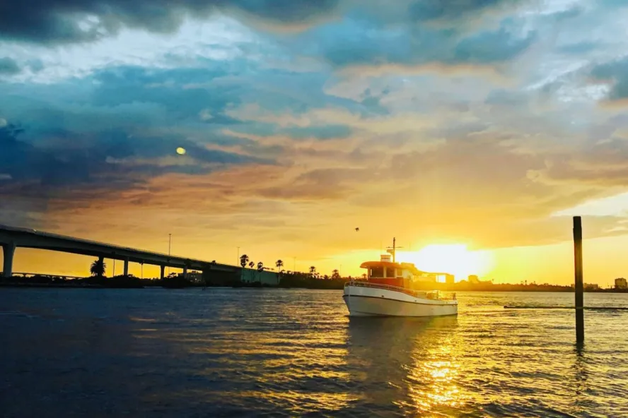 Little Toot Dolphin Adventure tour in Clearwater Beach featuring a boat on the water during sunset.