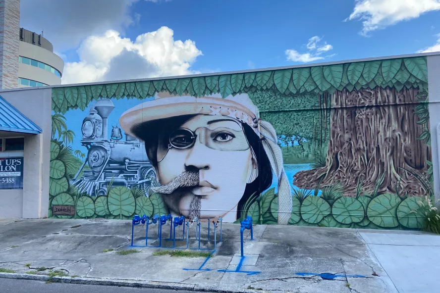 Two-face street mural by Derek Donnelly in the MLK North District in St. Pete featuring a native American woman and Peter Demens. 