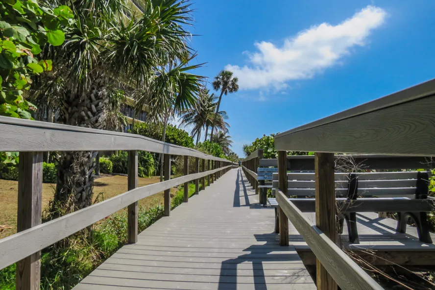 a long wooden boardwalk next to palm trees leads to Sunset Beach on Treasure Island