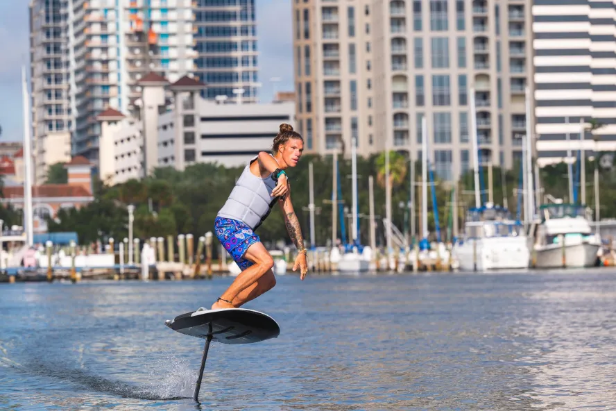 Person on an E-foil board in Tampa Bay