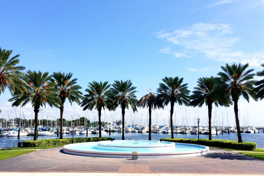 A low, flat fountain is ringed by palm trees in Albert Whitted Park.