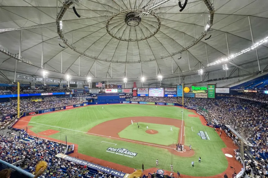 Wide view of the interior of Tropicana Field with the dome and ballfield