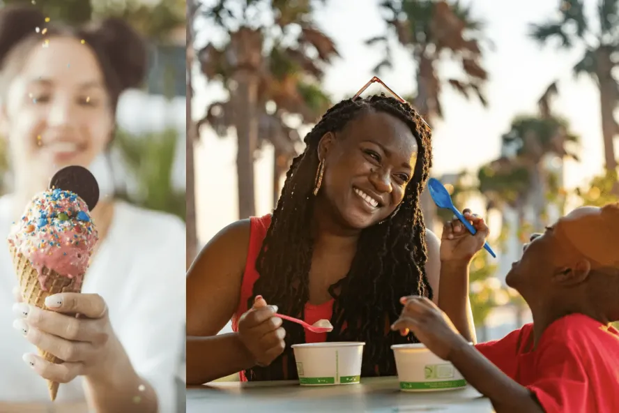 One photo of a girl holding an ice cream cone and smiling. Another photo of a mom and son enjoy ice cream out of cups.