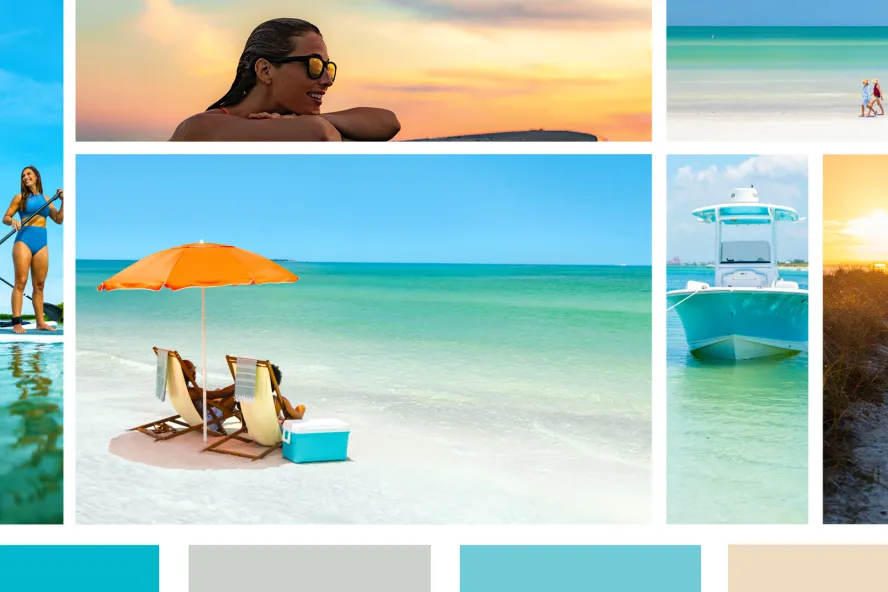 a collage of photos of St. Pete/Clearwater that includes people on paddleboards and on the beach, as well as few photos of the sunset.