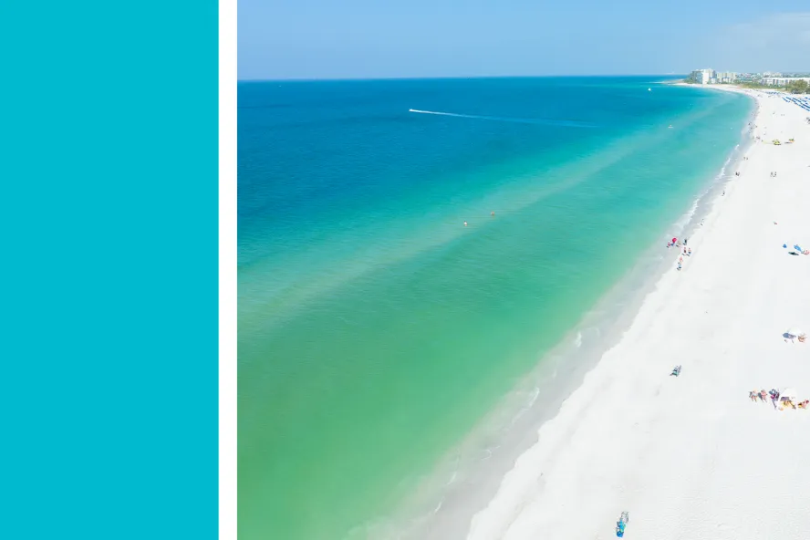 an aquamarine blue rectangle next to an aerial photo of the beach