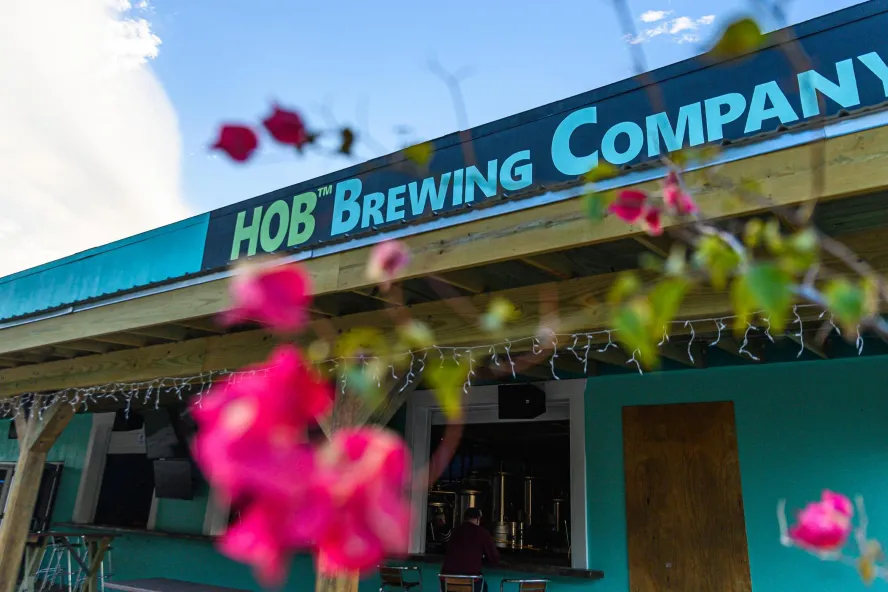 Turquoise exterior of HOB Brewing Co 