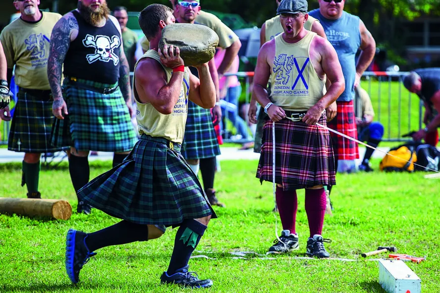 Stone throw competitor in a kilt at the Dunedin Highland Games