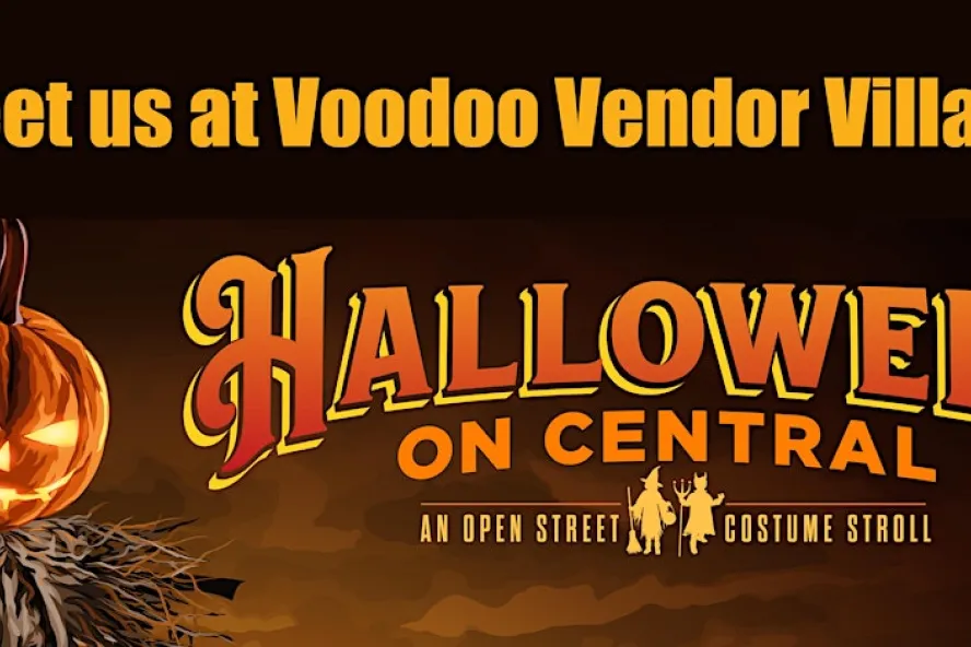 Voodoo Vendor Village at Halloween on Central event flyer poster featuring an orange jack-o-lantern. 