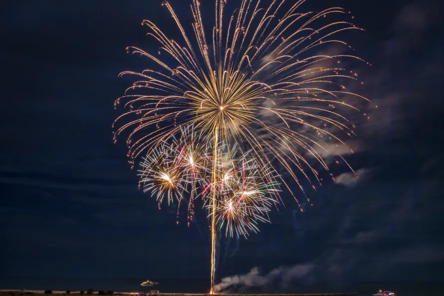 Fireworks exploding in the sky over water.