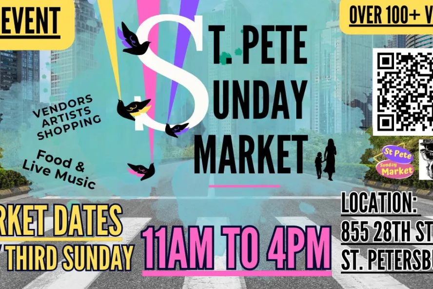 St. Pete Sunday Market event flyer poster featuring event details and a street crosswalk.