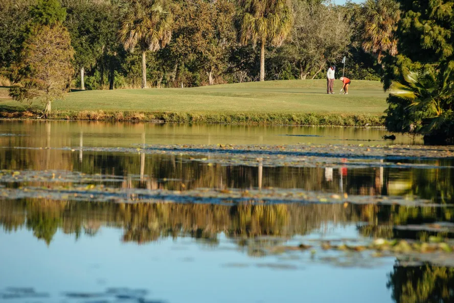 A view of a waterway and fairway at Mangrove Bay Golf Course in St. Petersburg, Florida