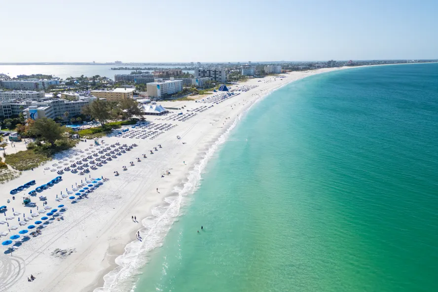 St. Pete Beach with its beautiful white sands and turquoise waters, as seen from an aerial dron shot