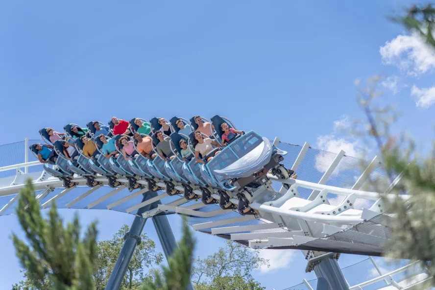seaworld orlando's new roller coaster penguin trek on a white roller coaster track as guests ride high in teh sky over trees below.