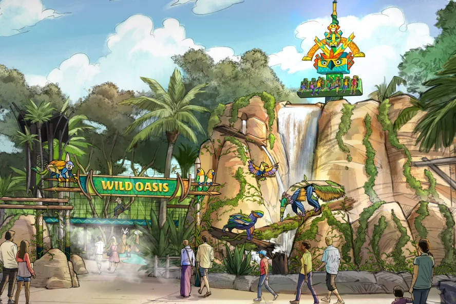photo rendering of rainforest-inspired wild oasis realm at Busch Gardens Tampa Bay featuring bright green entrance sign, tropical trees and vegetation and new drop tower ride lofted high above a waterfall
