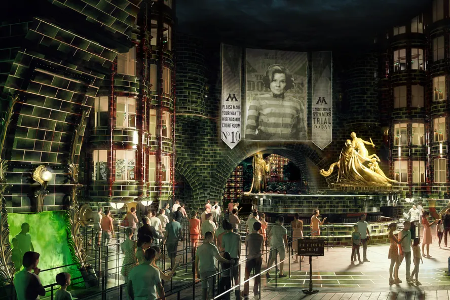 inside ministry of magic from Harry Potter film series features a dark tunnel- like room with large archways and green magical fireplaces as people line up for the newest ride in a queue line.