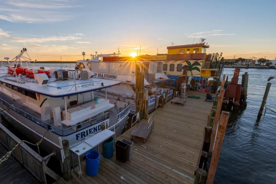 Boats docked at Hubbard's Marina at Sunset