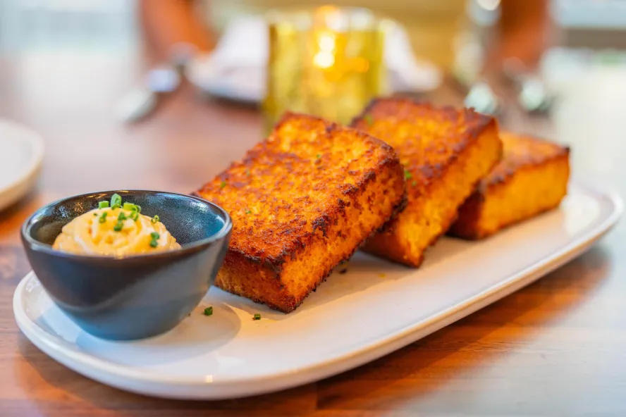 A plated dish of cornbread