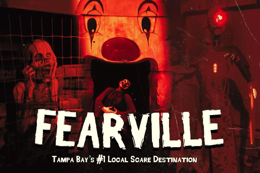 Fearville halloween festival in Largo featuring a man dressed up in a scary mask.