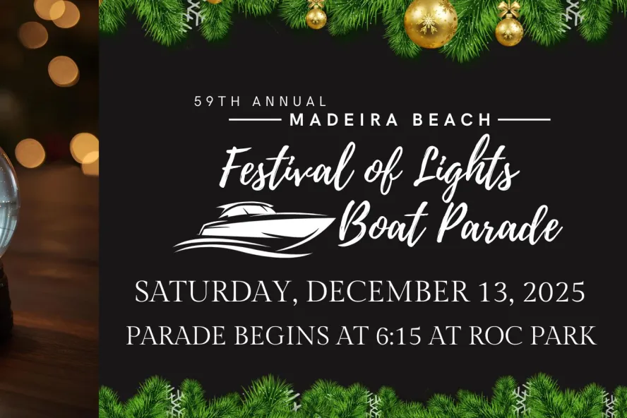 Festival of Lights Madeira Beach holiday boat parade event flyer featuring a snow globe.
