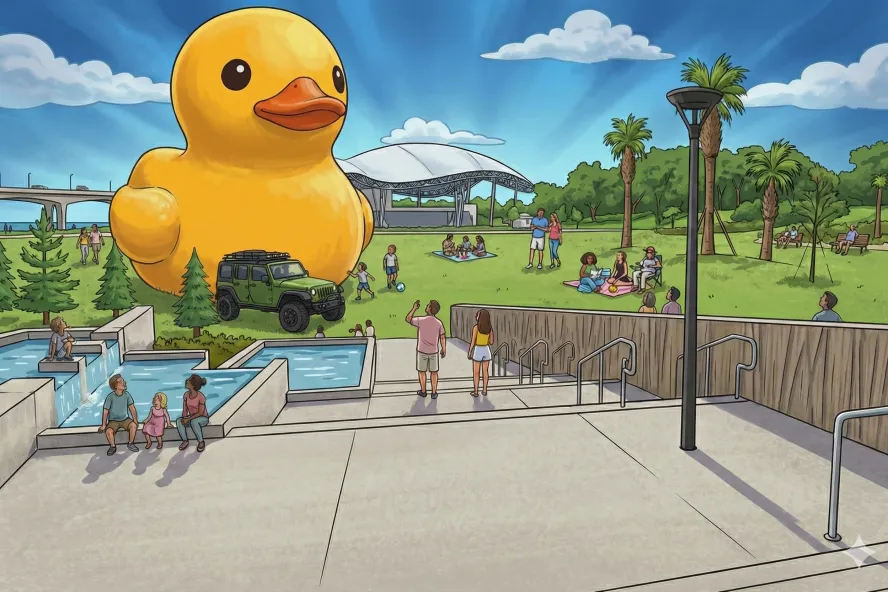 an illustration of a giant rubber duck named Mama Duck at Coachman Park