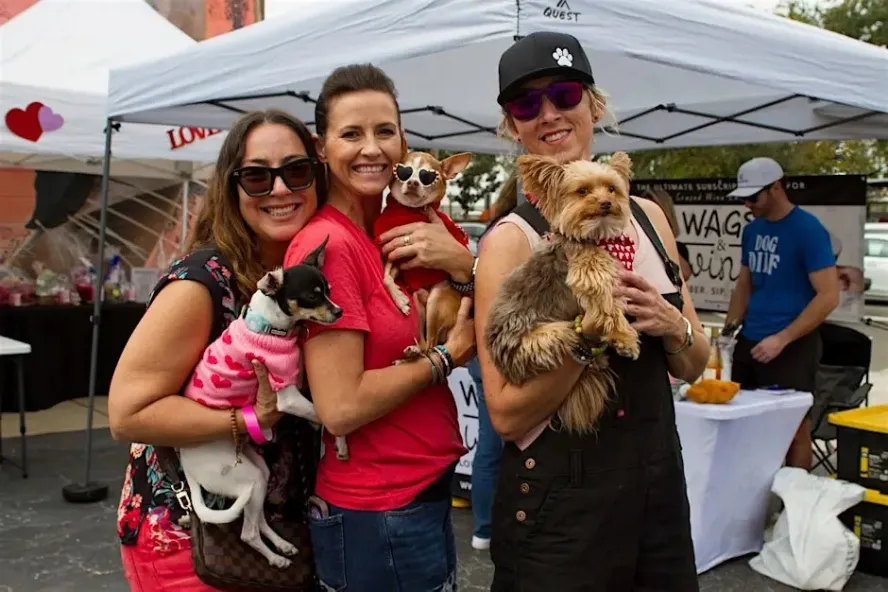 Women holding dogs at a rescue event outside.