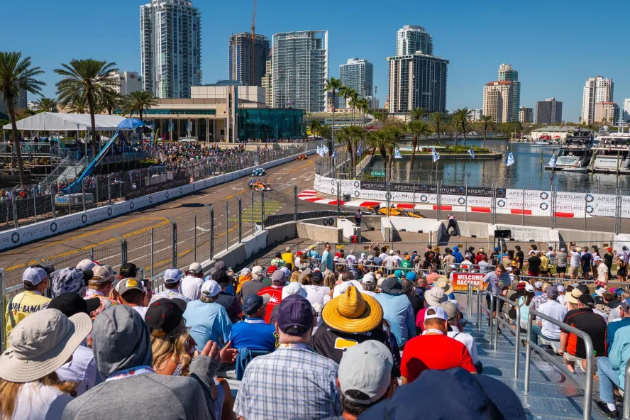race fans in the grandstands watching the Firestone Grand Prix in St. Petersburg FL