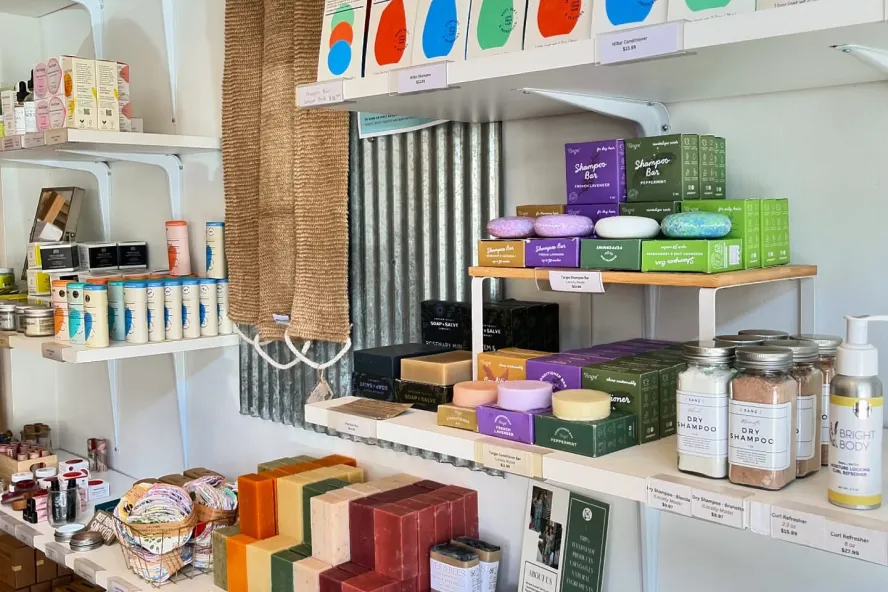shelves of eco-friendly products at Sans Market in St. Petersburg FL