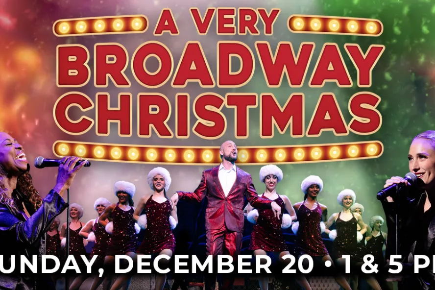 A Broadway Christmas show event flyer poster featuring holiday stage performers and singers.
