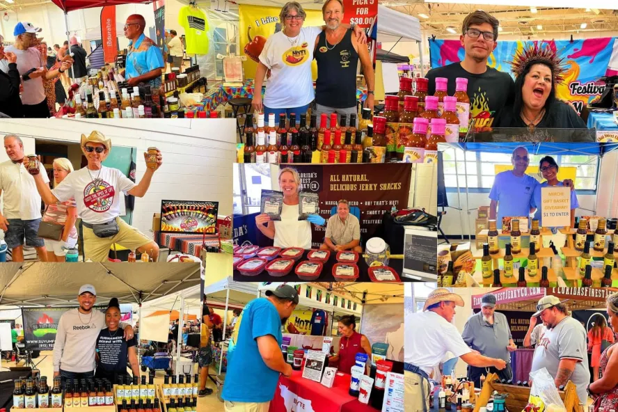 I Like It HOT Festival event featuring people shopping for hot sauces and trying spicy foods.