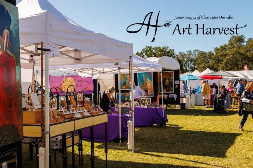 Art Harvest 2026 event flyer poster featuring white vendor tents outside.