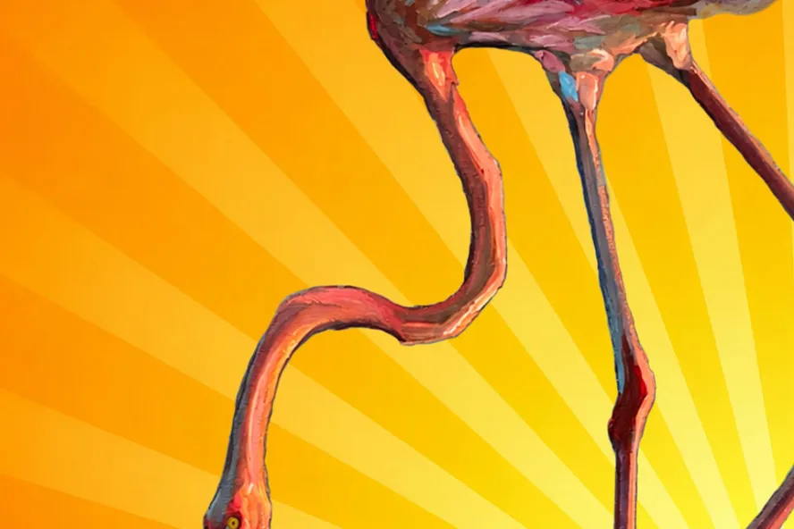 Steeped in Sunshine event poster featuring a painting of a flamingo.