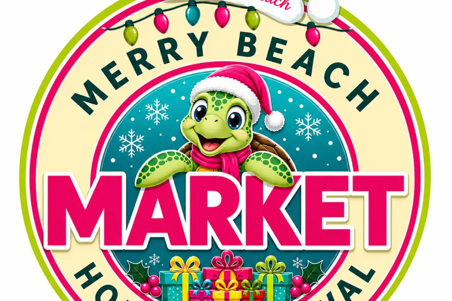 Merry Beach Market event flyer poster.