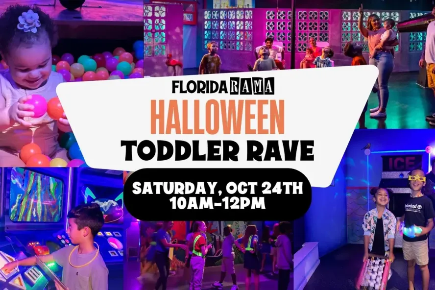 Halloween Toddler Rave event at FloridaRAMA museum featuring little kids playing with art installations.