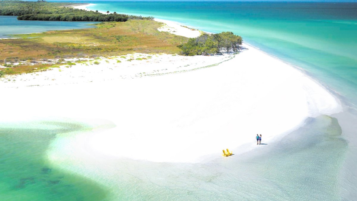 Aerial view of a couple walking in Caladesi Island