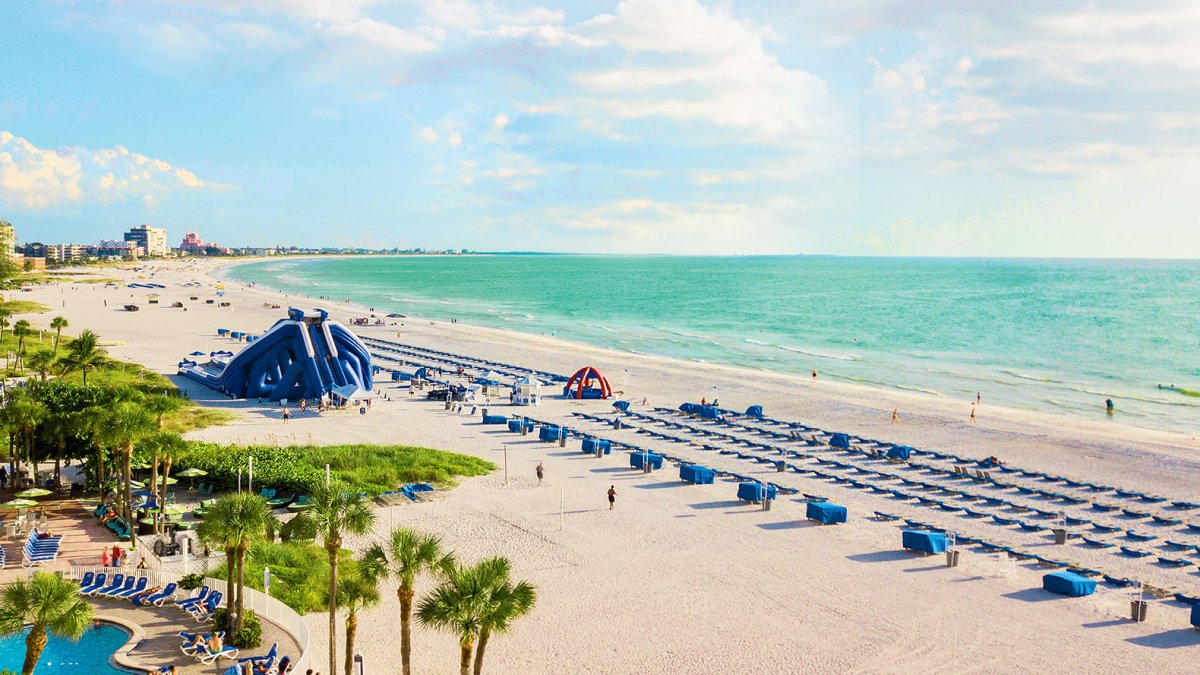 Aerial view of cabanas and water slide in St. Pete Beach, Florida