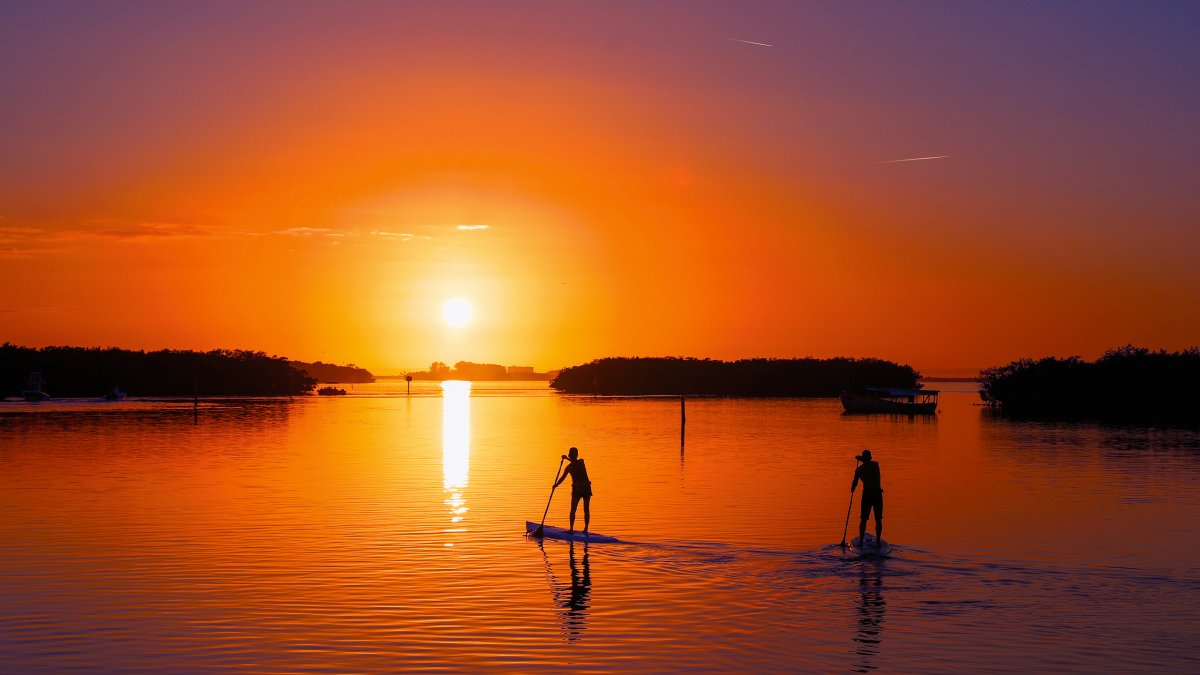 Duas pessoas praticam paddle nos remansos tranquilos de Sutherland Bayou, em Palm Harbor; o pôr do sol é de um laranja brilhante e pequenas ilhas de mangue estão na frente das pessoas