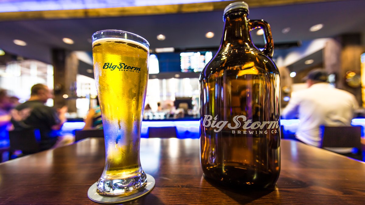 A beer glass and a beer bottle from Big Storm Brewery just outside Pinellas Park