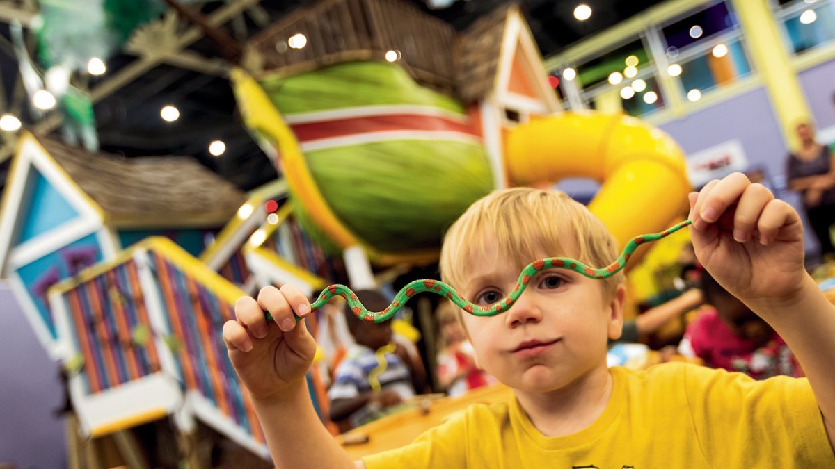 A child holds up a small toy snake at the Great Explorations Children's Museum