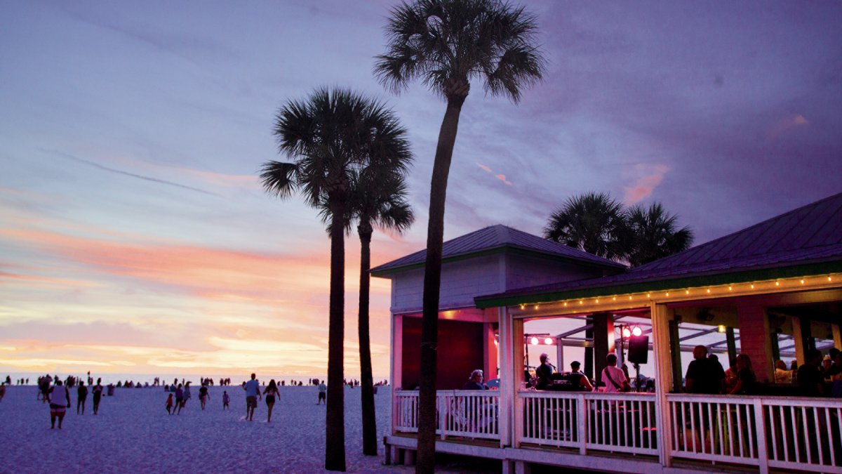 An exterior shot of the Palm Pavilion Restaurant just after sunset