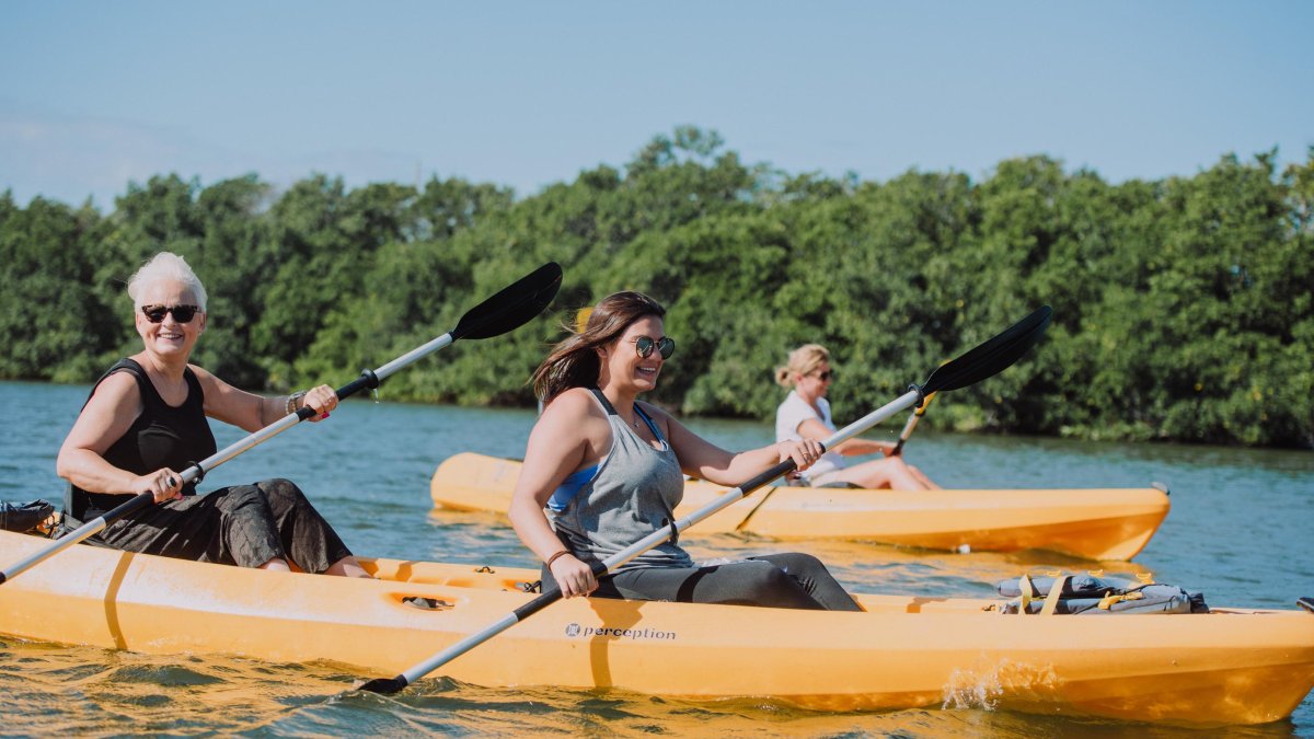 A group of women in yellow kayaks paddling around the St. Pete/Clearwater bay or Gulf of Mexico