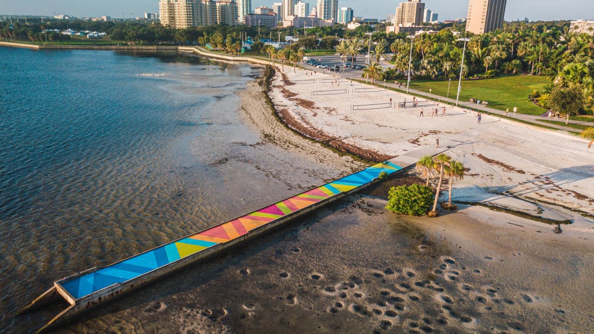 An aerial view of North Shore Park showing a colorful mural on the pier