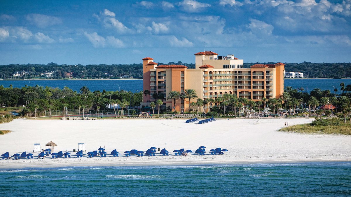 A drone shot of the Clearwater Beach Sheraton Resort on Sand Key