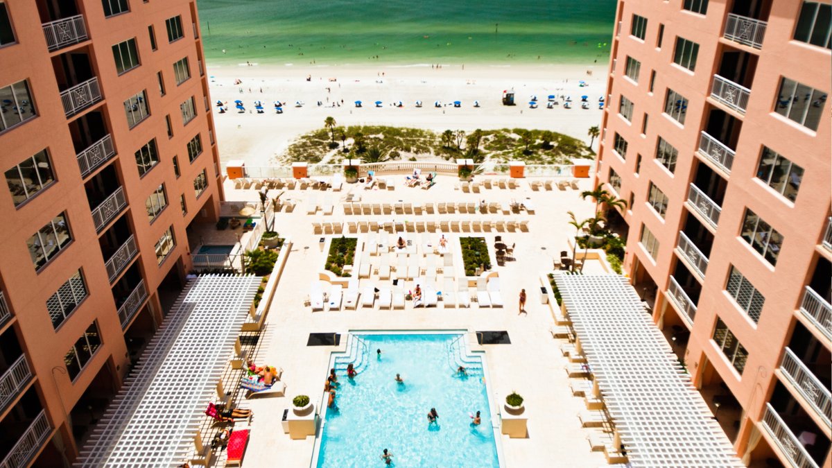 An overhead view of the courtyard pool at Hyatt Regency Clearwater Beach.