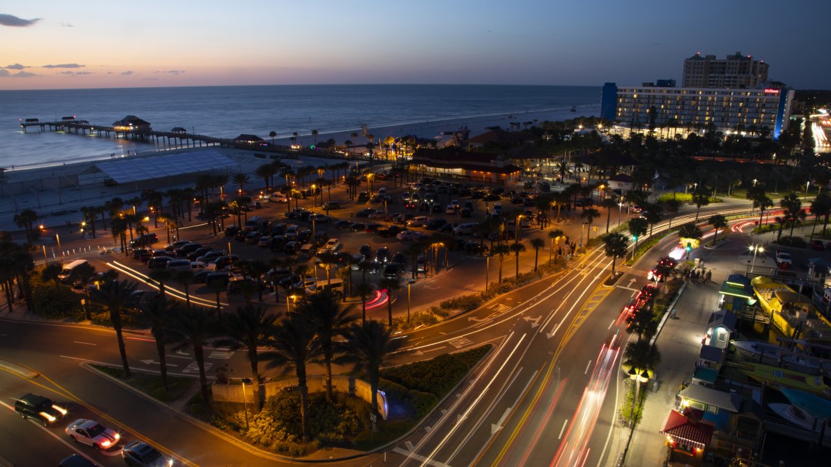 An overview of Clearwater Beach and Pier 60 at dusk.