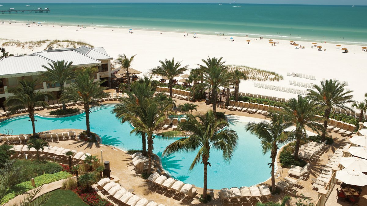 Aerial view of Sandpearl Resort pool beachfront