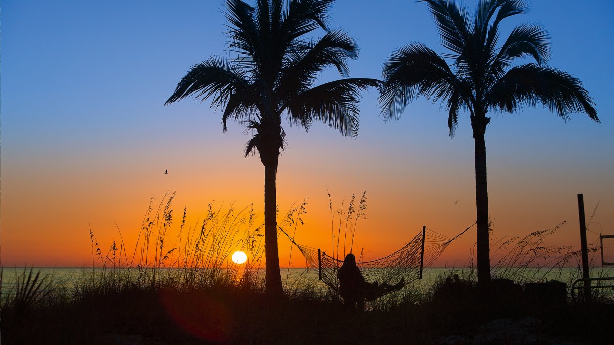 Una señora relajándose en una hamaca colgada entre dos palmeras durante la puesta de sol en la playa de Madeira