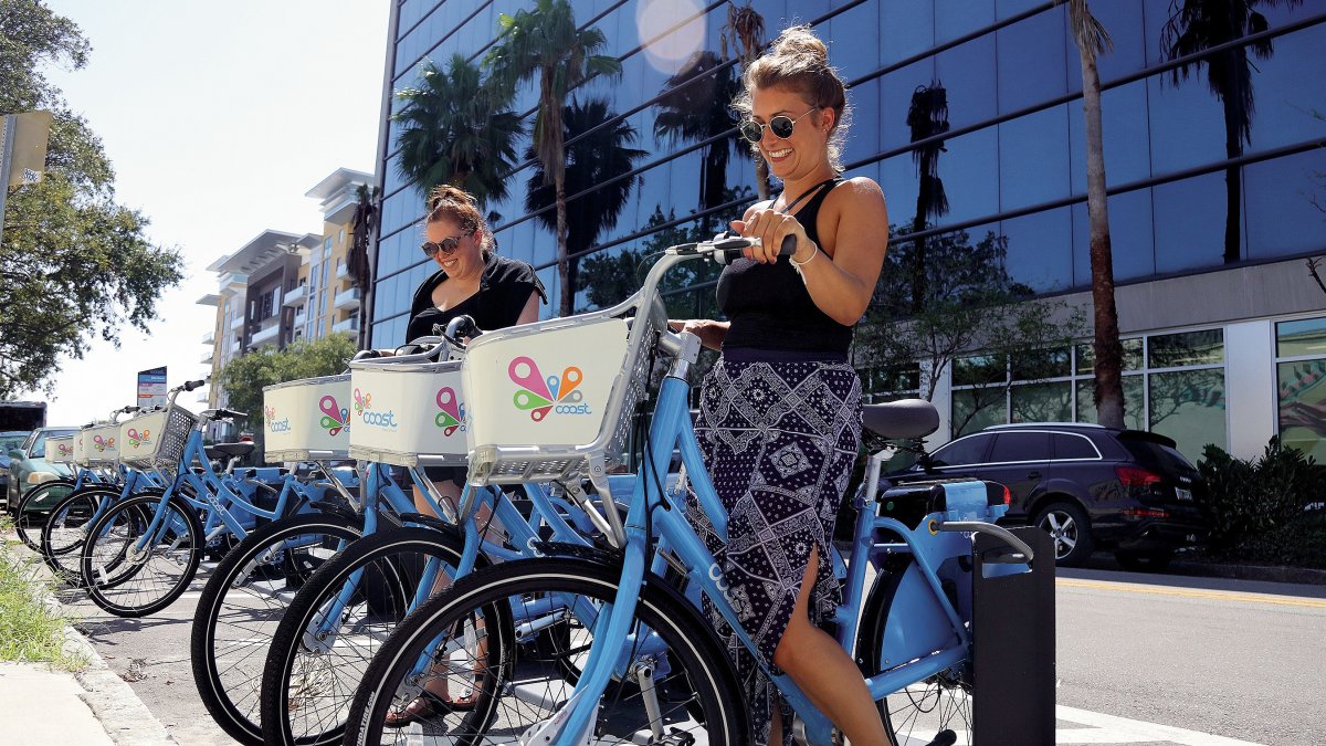 Two ladies getting on the rental bicycles in St. Pete.